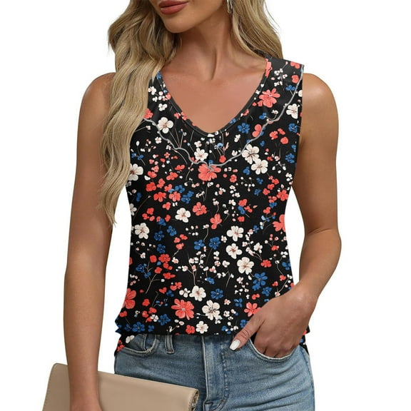ITSAME Womens Tank Tops, Sleeveless Floral Ruffled V Neck Casual Loose Fit Blouses Black M