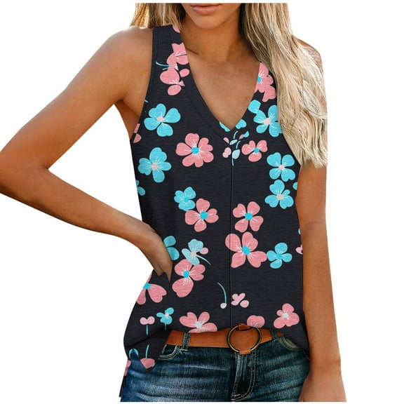ITSAME Womens Tank Tops, Sleeveless V Neck Floral Casual Loose Blouse Tops Black M
