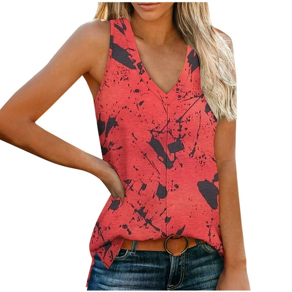 ITSAME Womens Tank Tops, V Neck Sleeveless Fashion Prints Summer Casual Loose Tops Red L