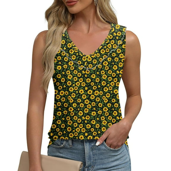ITSAME Womens Tank Tops, V Neck Sleeveless Floral Summer Casual Loose Blouses Yellow L