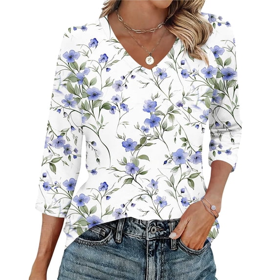 ITSAME Womens Tops, 3/4 Sleeve Floral Print V-Neck Casual Fashion Raglan Pullover Blouses Multicolor Size L