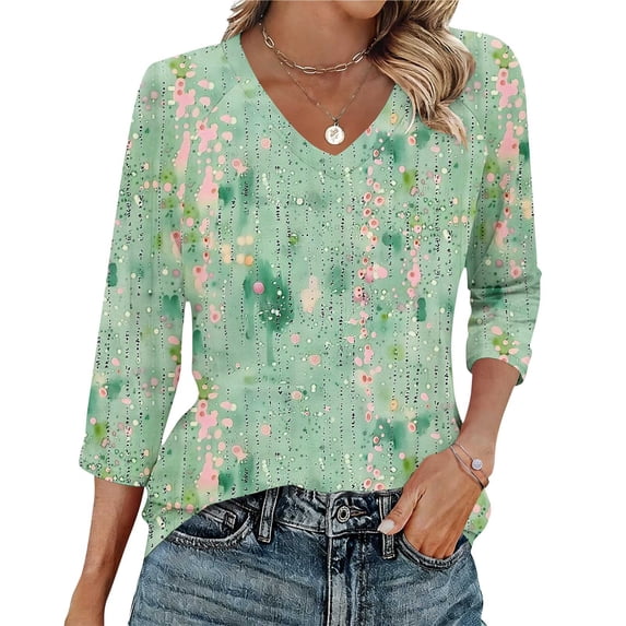 ITSAME Womens Tops, 3/4 Sleeve Raglan Pullover V-Neck Ladies Casual Fashion Printed Blouses Multicolor Size S