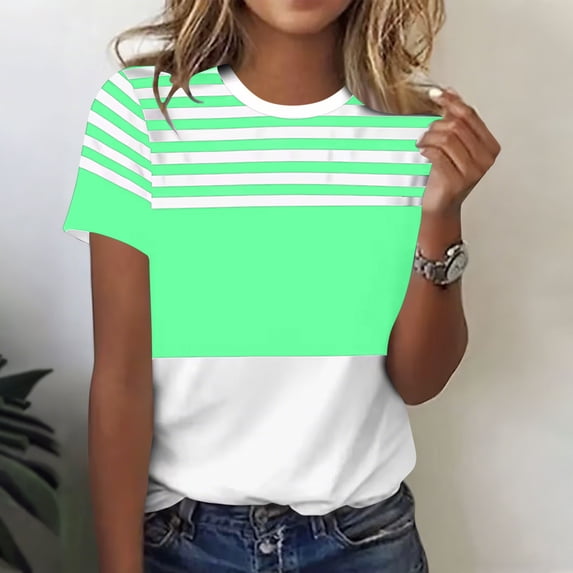 ITSAME Womens Tops, Short Sleeve Round Neck Striped Print Summer Casual Fashion Blouses Army Green Size 2XL
