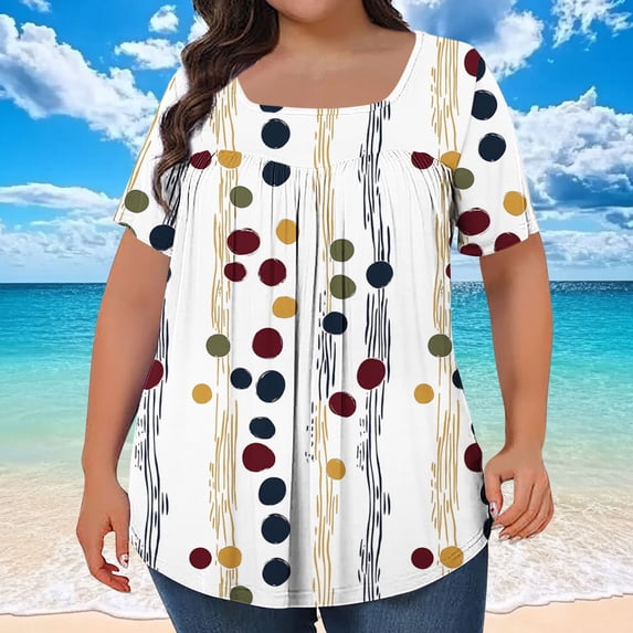 ITSAME Womens Tunic Tops, Plus Size Polka Dot Short Sleeve Casual Loose T-Shirts White 5XL