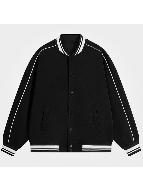 Womens Varsity Bomber Jacket Plus Size Button Down Casual Baseball Coat with Pockets Black Size 5XL