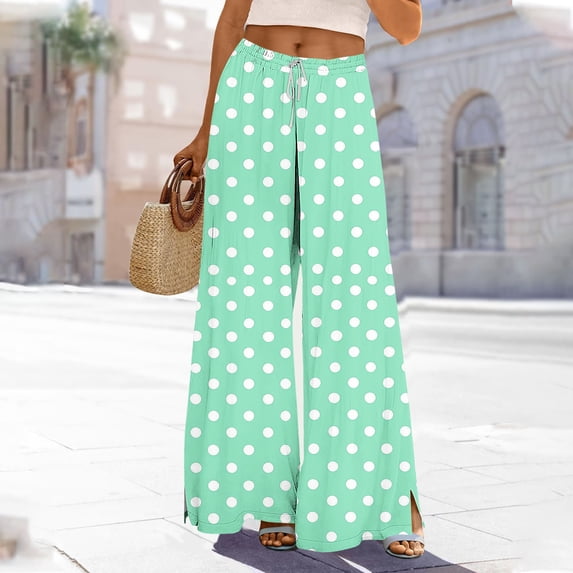 ITSAME Womens Wide Leg Pants Polka Dot Print High Waist Drawstring Ladies Loose Casual Pants Green Size 2XL