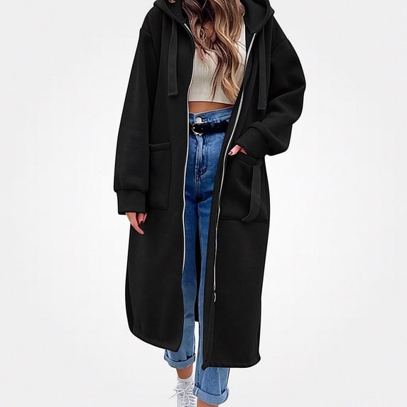 ITSAME Womens Zip Up Hooded Long Coat with Pockets Loose Fit Oversized Fall Winter Outerwear Jacket Black Size 3XL