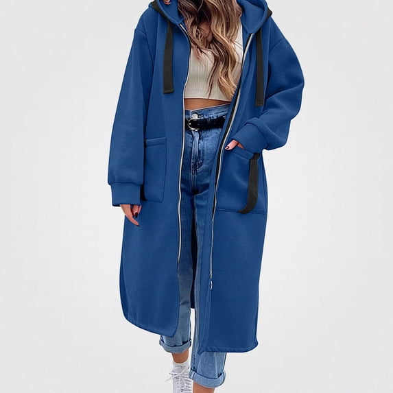 ITSAME Womens Zip Up Hooded Long Coat with Pockets Loose Fit Oversized Fall Winter Outerwear Jacket Blue Size XL