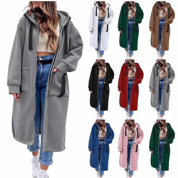 ITSAME Womens Zip Up Hooded Long Coat with Pockets Loose Fit Oversized Fall Winter Outerwear Jacket Gray Size 2XL