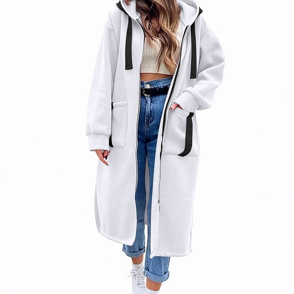 ITSAME Womens Zip Up Hooded Long Coat with Pockets Loose Fit Oversized Fall Winter Outerwear Jacket White Size XL