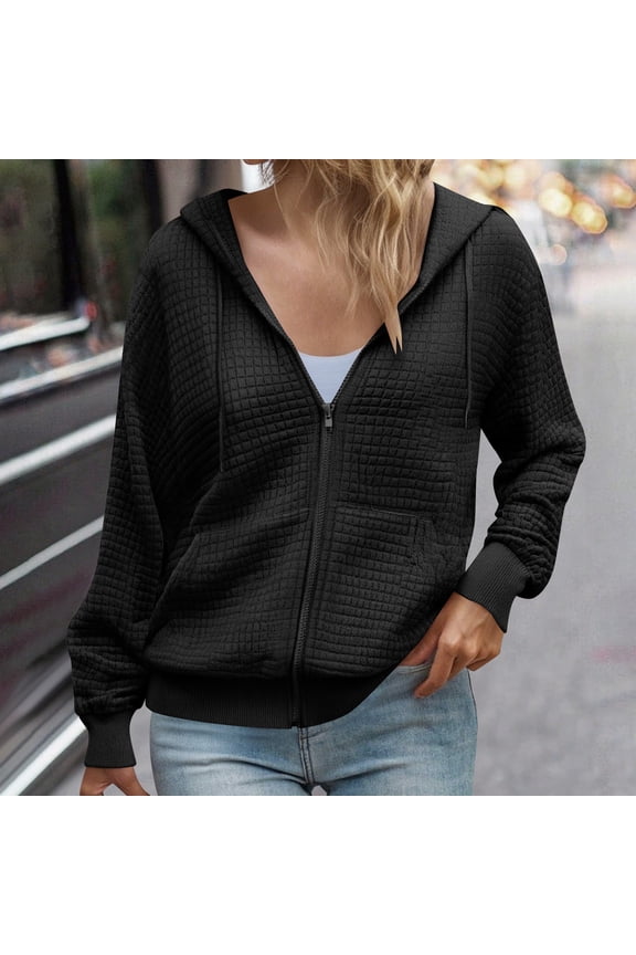 Womens Zip Up Hoodie Jackets, Loose Fit with Pocket Long Sleeve Hooded Sweatshirt Outwear Black 2XL