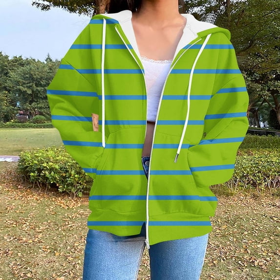 ITSAME Womens Zip Up Hoodie Jackets, with Pocket Long Sleeve Striped Graphic Hooded Sweatshirt Outwear Green 2XL