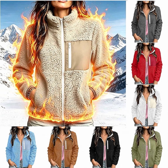 ITSAME Womens Zip Up Jacket Thermal Fleece Lined Stand Collar Fall Winter Warm Thick Outerwear with Pockets Khaki Size L