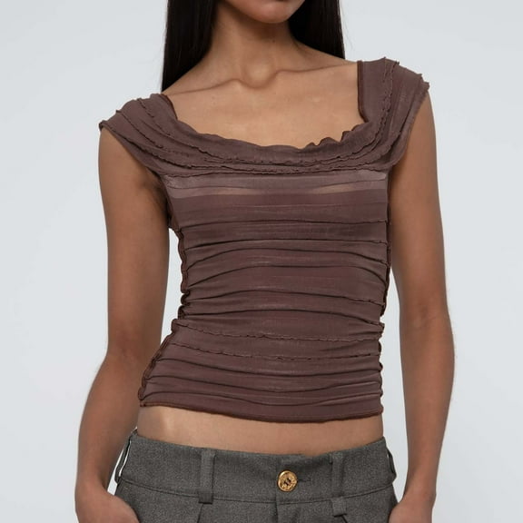 ITSAME Womens's Crop Tank Tops, Sexy Trendy Scoop Neck Lace Ruffles Summer 2025 Slim Fit Blouse Coffee S