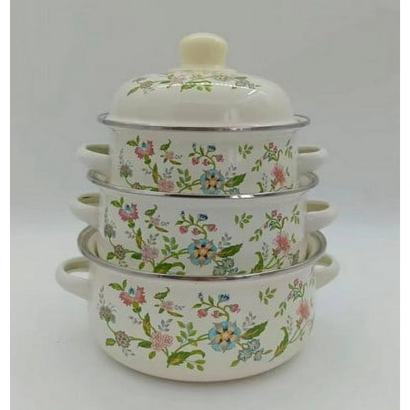 ITSELFER 3pcs Enamels Stockpot with Lid, Retro Flower Stew Bean Cooking Pots Enamelware Pasta Pot Vintage Soup Pot with Dural Handle for Induction Cookers Gas Stove