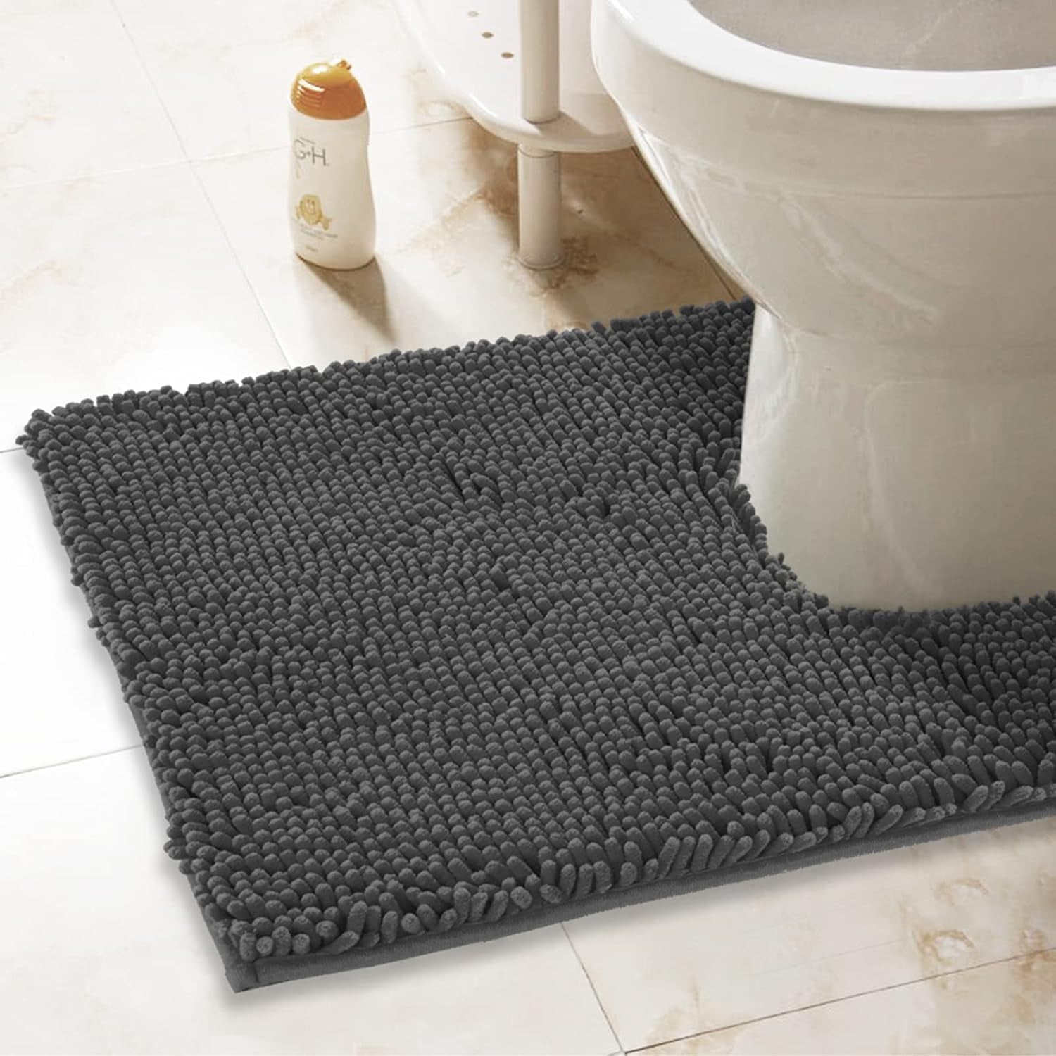 ITSOFT Luxury Bathroom Mats, Non-Slip Chenille Bathmat, Ultra Absorbent, U-Shaped, Charcoal Gray