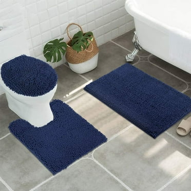 ITSOFT Luxury Shaggy Chenille Bathroom Mats, Bathmat Non-Slip Set, Navy Blue, 3 pc
