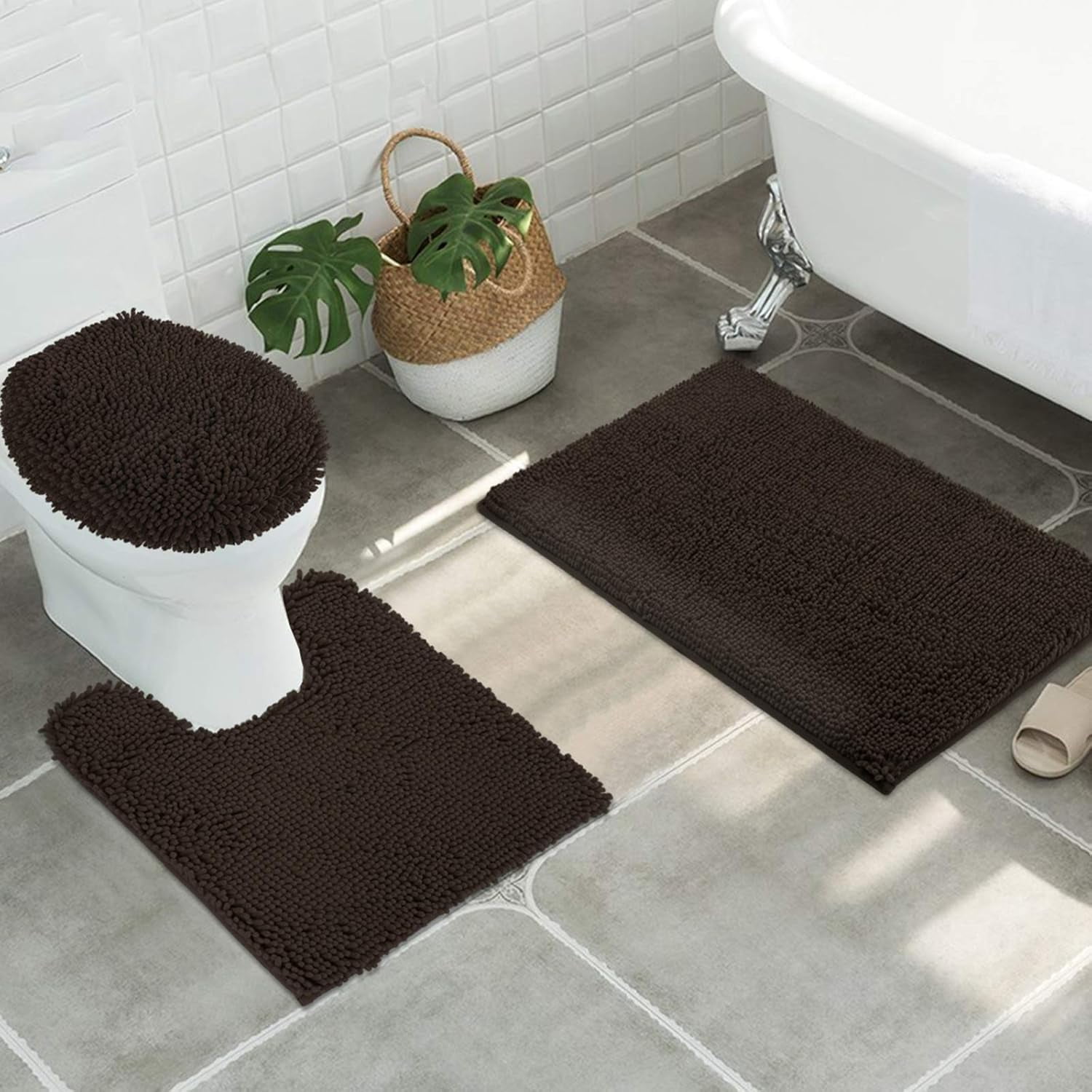 ITSOFT Luxury Shaggy Chenille Bathroom Mats, Bathmat Non-Slip Set, Chocolate brown, 3 pc ...