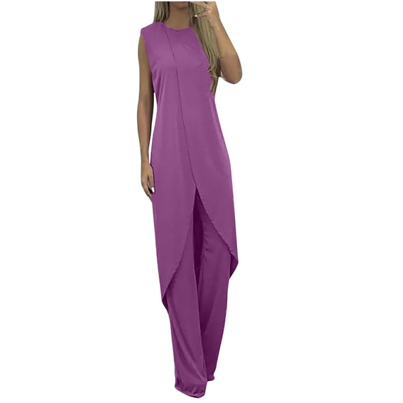 ITSUN Plus Size Outfit Sets for Women Summer Casual Loose Round Neck Sleeveless Solid Wide Leg Long Pant Linen Clothes Lounge Matching Sets Hot Pink XXL