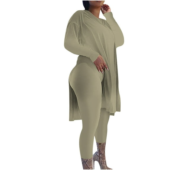 ITSUN Plus Size Women's 2 Piece Sweatsuits Outfits Casual Spring Summer Long Sleeve Round Neck Blouses Workout Yoga Gym Clothes Sets Khaki 4XL