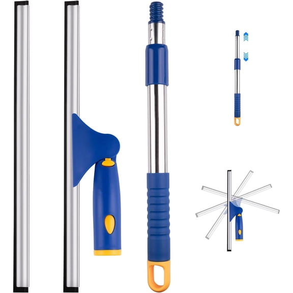 ITTAHO 14" Shower Squeegee with 2 Blades & Extendable Stainless Steel Pole Glass Wiper for Bathroom, Mirrors, Windows