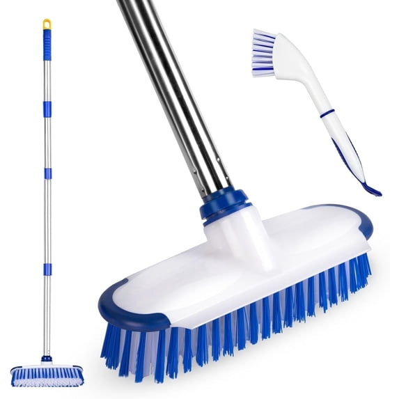 ITTAHO Floor Scrub Brush with Long Stainless Steel Handle Extension+Small Deep Cleaning Brush