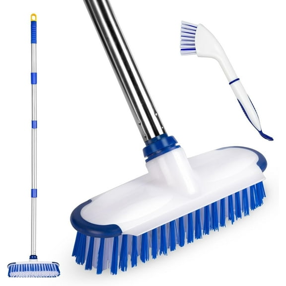 ITTAHO Floor Scrub Brush with Long Stainless Steel Handle Extension+Small Deep Cleaning Brush