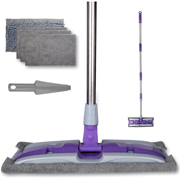 ITTAHO Microfiber Flat Mop Floor Cleaning  with Stainless Steel Telescopic Handle Wet Dry Mopping, Purple