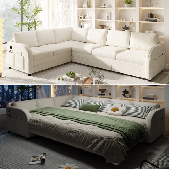 LITVZ King Size Sleeper Sofas Convertible Couches, White L Shaped Sectional Couch with Pull Out Bed, Oversized 6-Seat Sectional Sofa with Convert Left/Right Facing and USB Port for Living Room