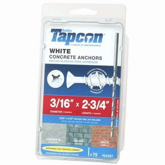 ITW 196294 0.18 x 2.75 in. Steel Phillips Head Tapcon Concrete Anchor, White - Pack of 75