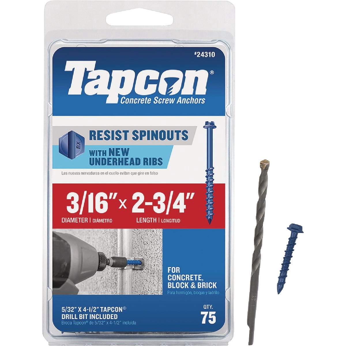 ITW Brands 24310 75 Pack 0.19 x 2.75 Hex Washer Head Concrete Anchors