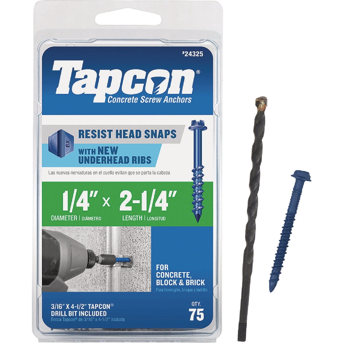 ITW Brands Concrete Anchor Hex Washer Head - Steel, Silver - 1/4" x 2.25" — Construction & DIY Use, Standard Hardware Spec