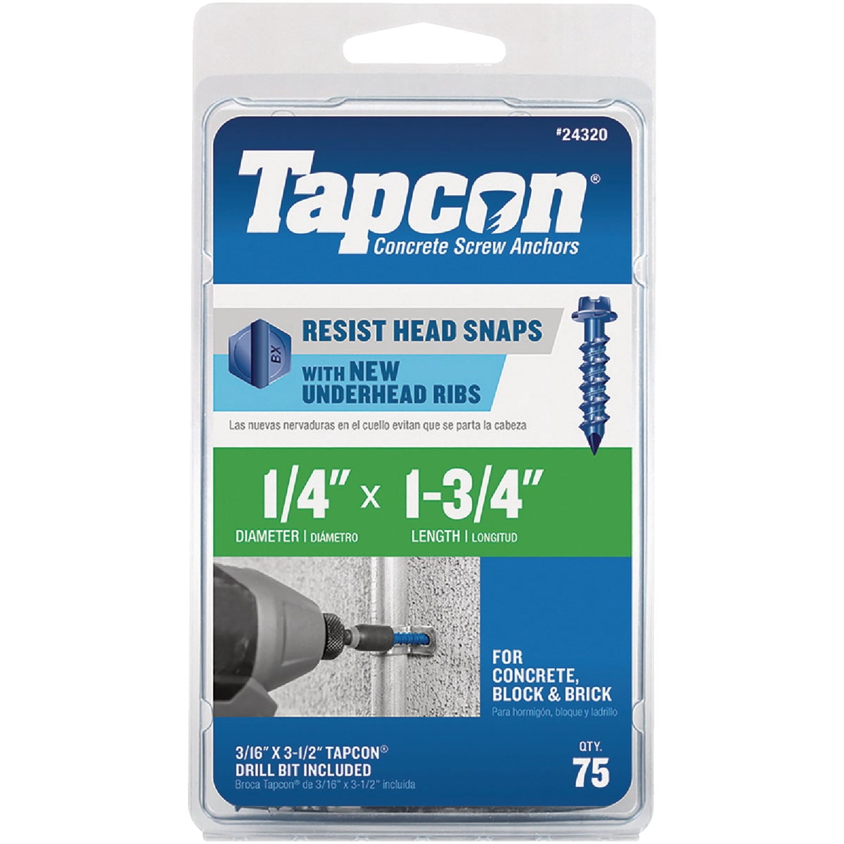 ITW Tapcon 1/4 in. Dia. x 1-3/4 in. L Steel Hex Head Concrete Screw Anchor 75 per box