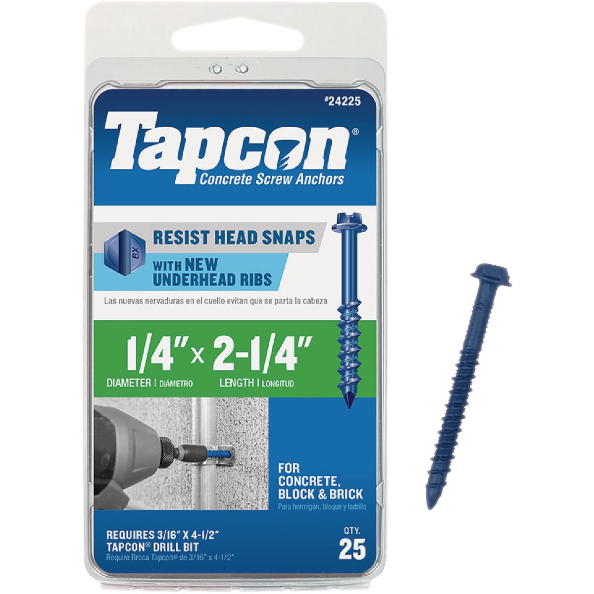 Tapcon 1/4 x 2-1/4 Inch Blue Climaseal® Hex Head Concrete Anchors, 25 PCS, Corrosion Resistant Coating, Heavy-Duty Concrete and Masonry Screws, Superior Holding Strength, Drill Bit Sold Separately