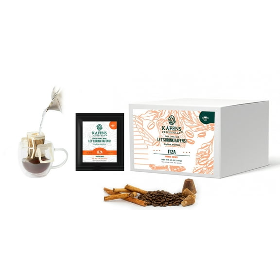 ITZA: Cafe De Olla, Pour Over 100% Organic ingredients, Mexican Decaf Medium Roast Ground Coffee, Piloncillo (unrefined unprocessed cane sugar) and Ceylon cinnamon, hanging ear filter, 10ct (Pack of