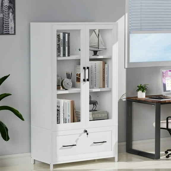 ITopRoad Modern 4 Tier File Cabinet Bookcase with Lockable Letter+Legal Size Drawer, Glass Door Bookshelf Storage with Adjustable Shelves, White