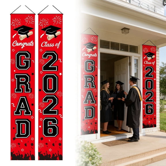 IUAMXWU 2026 Graduation Porch Banner Set, Congrats Grad & Class of 2026 Door Decorations, Red/Blue/Gold Graduation Signs for High School College Graduation Party Supplies