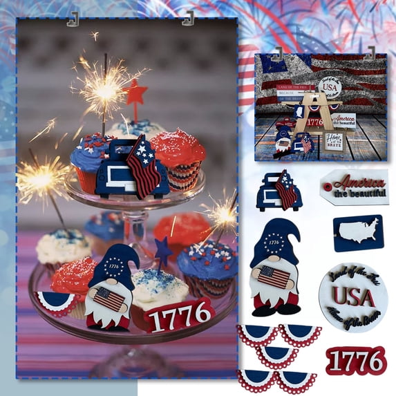 IUAMXWU 4th of July Independence Day Tiered Tray Decor Set Patriotic Wooden Signs Red White Blue Rustic Farmhouse Ornaments for Home Kitchen Table Shelf Holiday Party Summer Decor