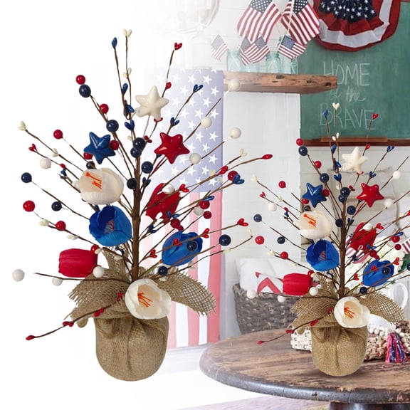 IUAMXWU 4th of July Table Centerpiece Tree, 19.6Inch Artificial Patriotic Boxwood Tree with Burlap Base, Red White Berries Branches Independence Day Desktop Decor