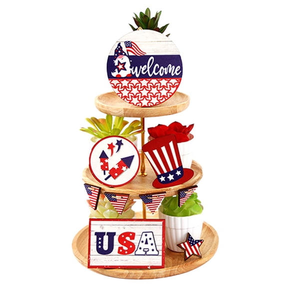 IUAMXWU 5Pcs 4th of July Independence Day Tiered Tray Decor Set Patriotic USA Flag Wooden Signs Red White Blue Rustic Farmhouse Ornaments for Home Kitchen Table Shelf Holiday Party Summer Decor