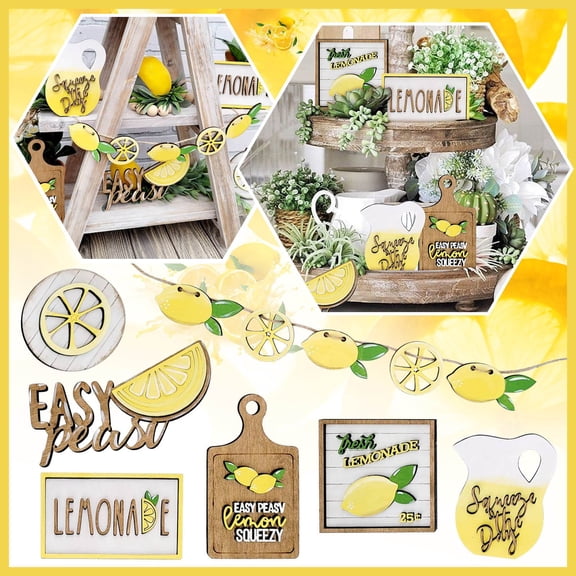 IUAMXWU 7Pcs Lemon Summer Graduation Tiered Tray Decor Set Rustic Farmhouse Wooden Mini Signs Summer Farm Tiered Tray Decor For Home Kitchen Table Shelf Farmhouse Style Decorations