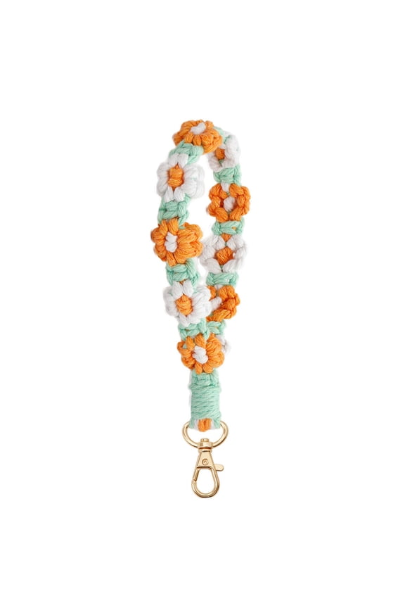 Boho Handmade Macrame Keychain Wristlet With Flower Pattern Daisy Cotton Rope Yarn Lobster Clasp For Women Bag Car Key Ring Holder 5.21x7.25 Inch