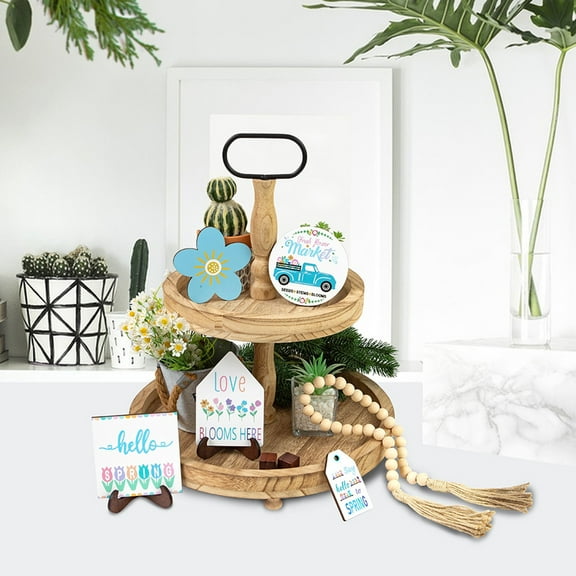 IUAMXWU Hello Spring Theme Welcome Spring Layered Tray Decoration Cute Small Flower Wooden Decorations for Home Kitchen Dining Room Shelf Tabletop Spring Decor (excluding Tray)
