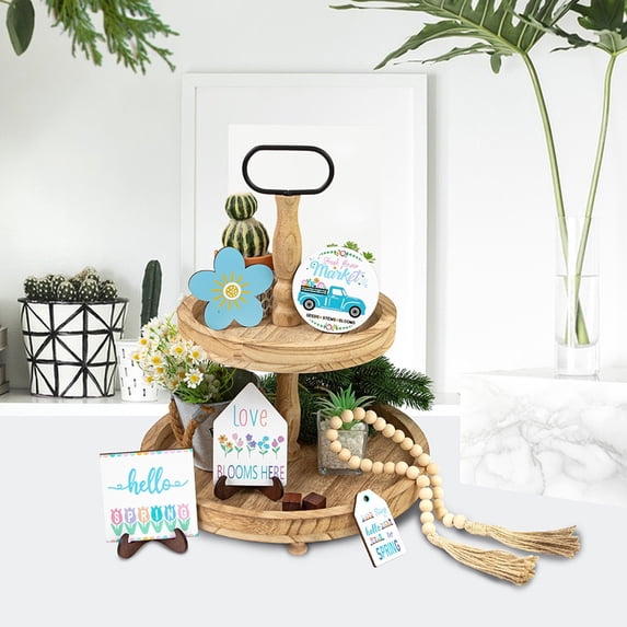 IUAMXWU Hello Spring Theme Welcome Spring Layered Tray Decoration Cute Small Flower Wooden Decorations for Home Kitchen Dining Room Shelf Tabletop Spring Decor (excluding Tray)