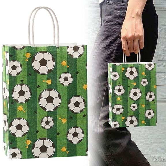 IUAMXWU Soccer Pattern Kraft Paper Gift Bags With Handles, Sports Event Party Snack Treat Packaging Bag Holiday Celebration Present Storage Pouches, Daily party candy snack paper tote bags