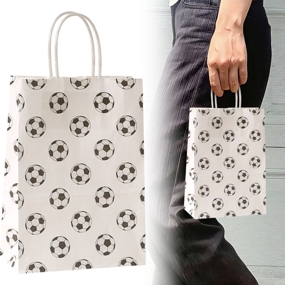 IUAMXWU Soccer Pattern Kraft Paper Gift Bags With Handles, Sports Event Party Snack Treat Packaging Bag Holiday Celebration Present Storage Pouches, Daily party candy snack paper tote bags