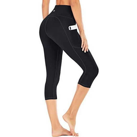 IUGA High Waisted Yoga Pants for Women with Pockets Capri Leggings for Women Workout Leggings for Women Yoga Capris (Black, L)