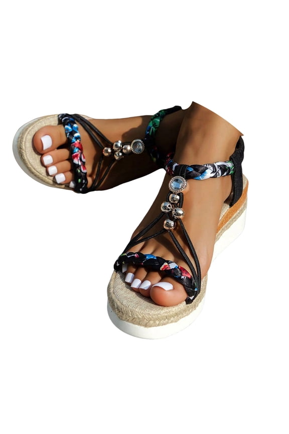 IUJOSY Espadrilles for Women Boho Sandals Braided Beaded Slip on Platform Wedge Sandals Dressy Shoes