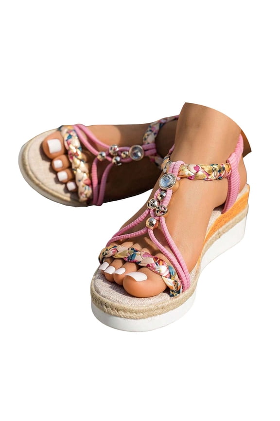 IUJOSY Espadrilles for Women Boho Sandals Braided Beaded Slip on Platform Wedge Sandals Dressy Shoes