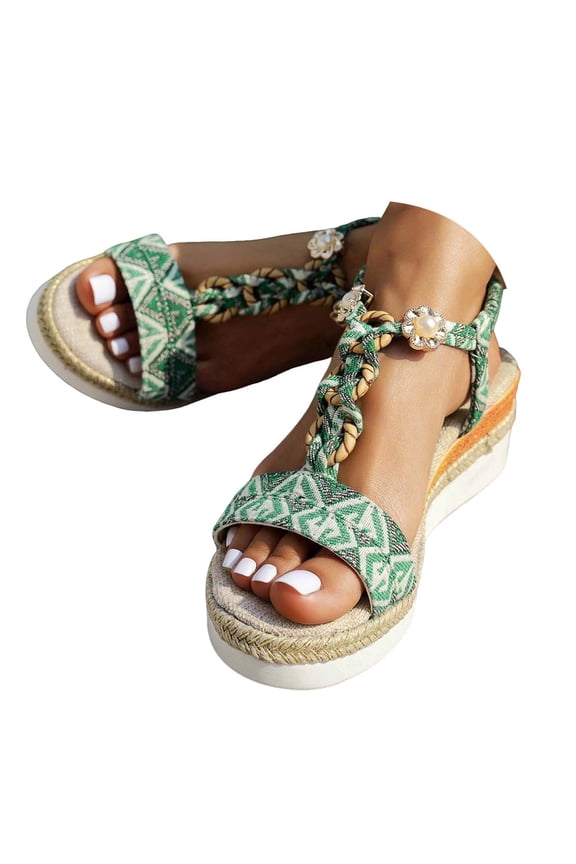 IUJOSY Espadrilles for Women Boho Sandals Braided Beaded Slip on Platform Wedge Sandals Dressy Shoes